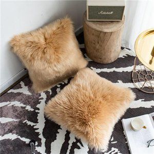 Set of 2 Mongolian Faux Fur Square Decorative Throw Pillow Covers Cushion Case